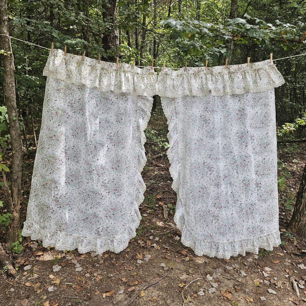 Vintage Cottagecore Floral Ruffled Curtain Panels Lace Trim Attached Valence